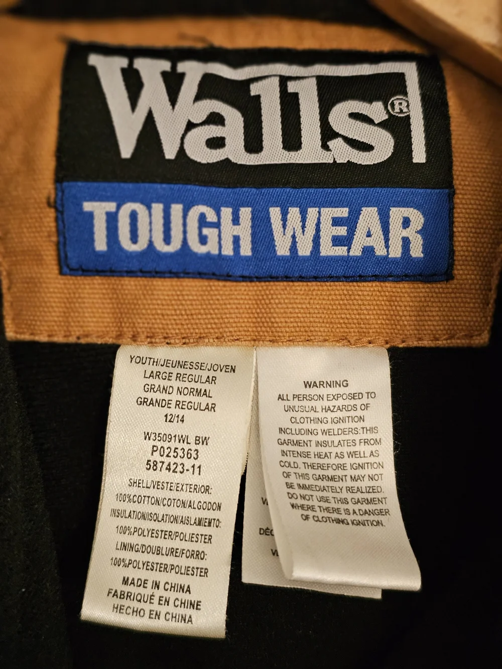 WALLS Tough Wear Work Huntig Youth Canvas Coat Jacket Full Zip Lined Large 12/14